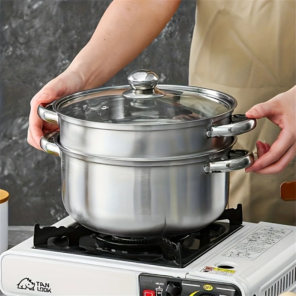 أدوات طبخ مقاومة للحرارة 9.45 بوصة كبيرة من الفولاذ المقاوم للصدأ وعاء حساء 2 في 1، متينة، مناسبة للطباخ التعريفي