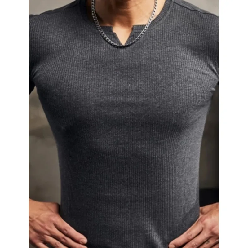 T-shirt de sport à manches longues pour hommes, strie de Bergame, collants à col en V pour documents solides, vêtements de fitness pour hommes, course à pied commandée