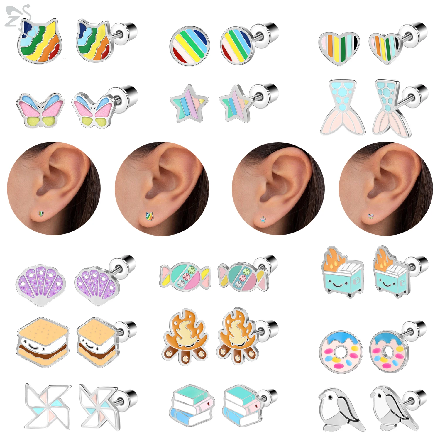 

ZS 1PC Cat Butterfly Shape Stainless Steel Ear Studs Silver Color Stud Earrings Screw-Back Cartilage Earrings 20G Body Jewelry