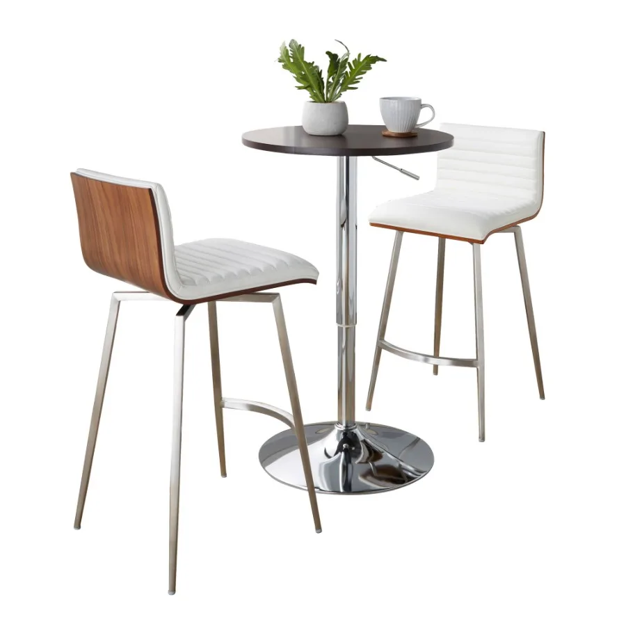 

Mason Swivel MidCentury Modern Counter Height Dining Set with Adjustable Table in Chrome Metal Brown Wood Tabletop Stainless St