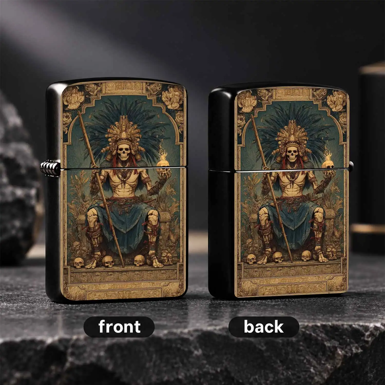 Vintage Aztec Death Priest Themed Lighter, Art Print Skeleton Decor Style PORTABLE Igniter, Collectible Creative Unique Trendy Accessory, Practical Daily Use Ignition TOOL Nice Gift For Men A Fun and Humorous Lighter