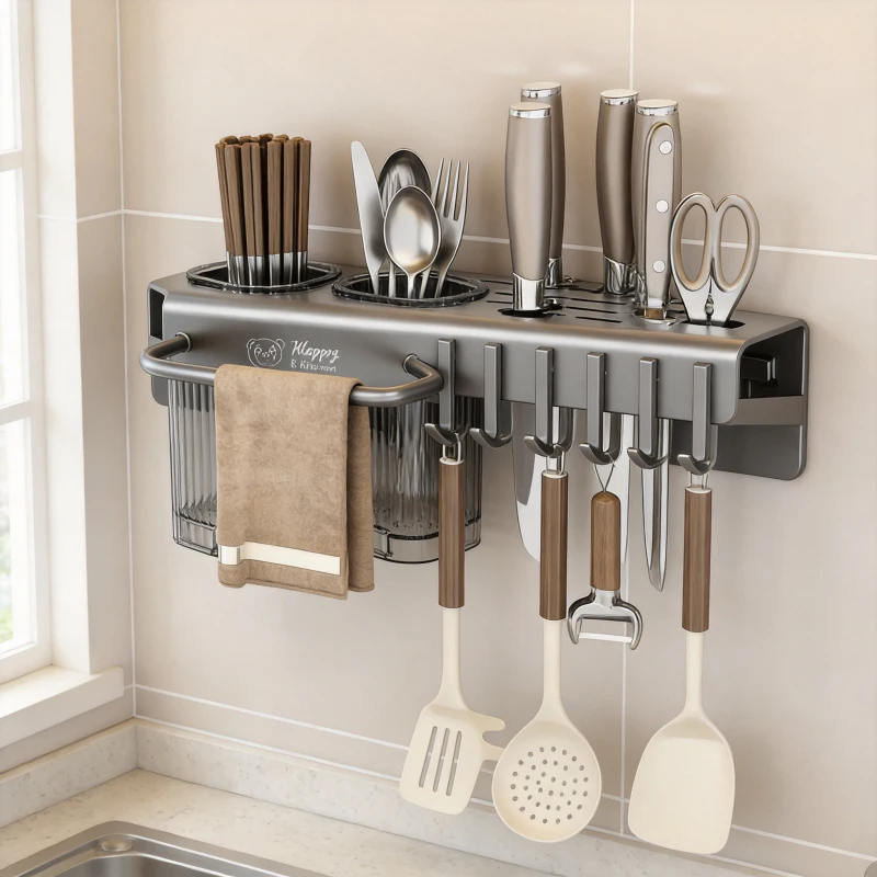 Wall Mounted Chopstick  Knife Holder, Adhesive Kitchen Tool Organizer, No Drill Spoon Rack, Utensil Storage for Cooking Gadgets