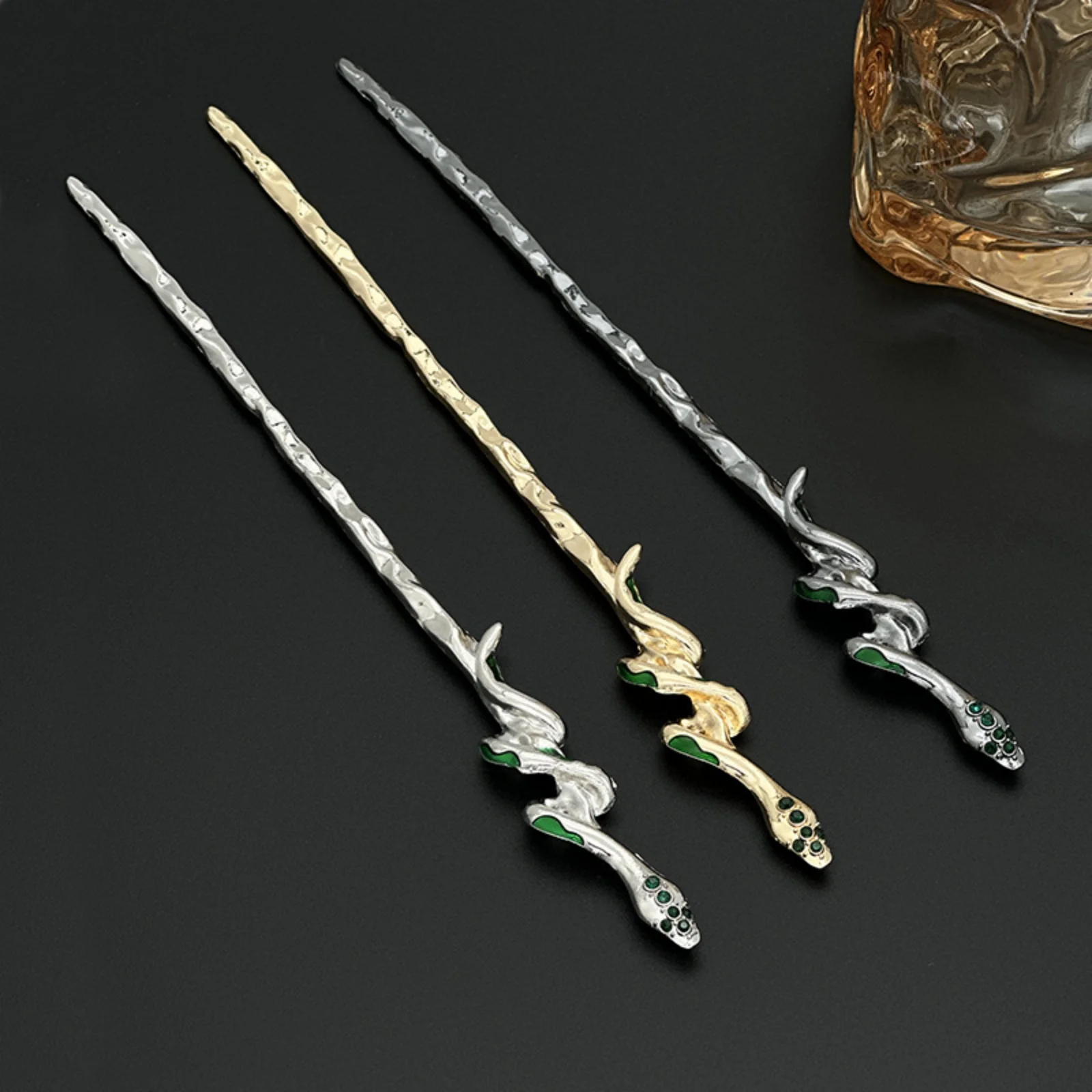 1PC  Snake - Shaped Metal Hair Sticks, Gold & Silver Hairpins with Green Accents, Gothic - Style Hair Accessories for Women