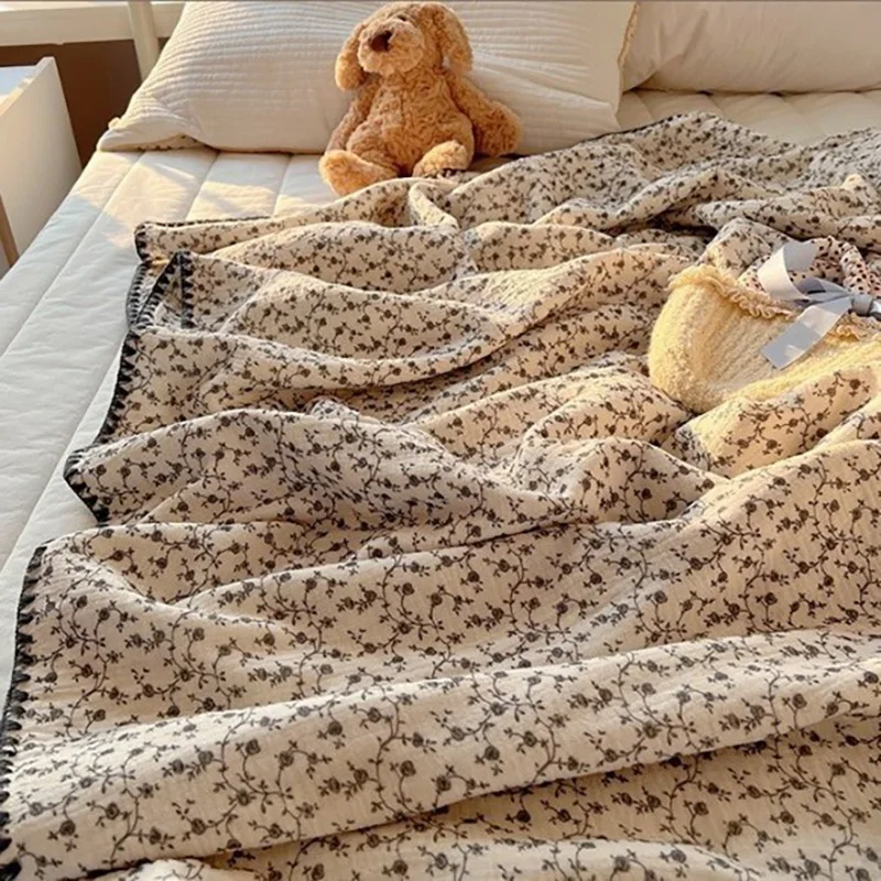 Pure Cotton Double-layer Yarn Blanket Ins Cartoon Teddy Bear Air Conditioning Quilt Travel Shawl Summer Bedcover Home Bedding