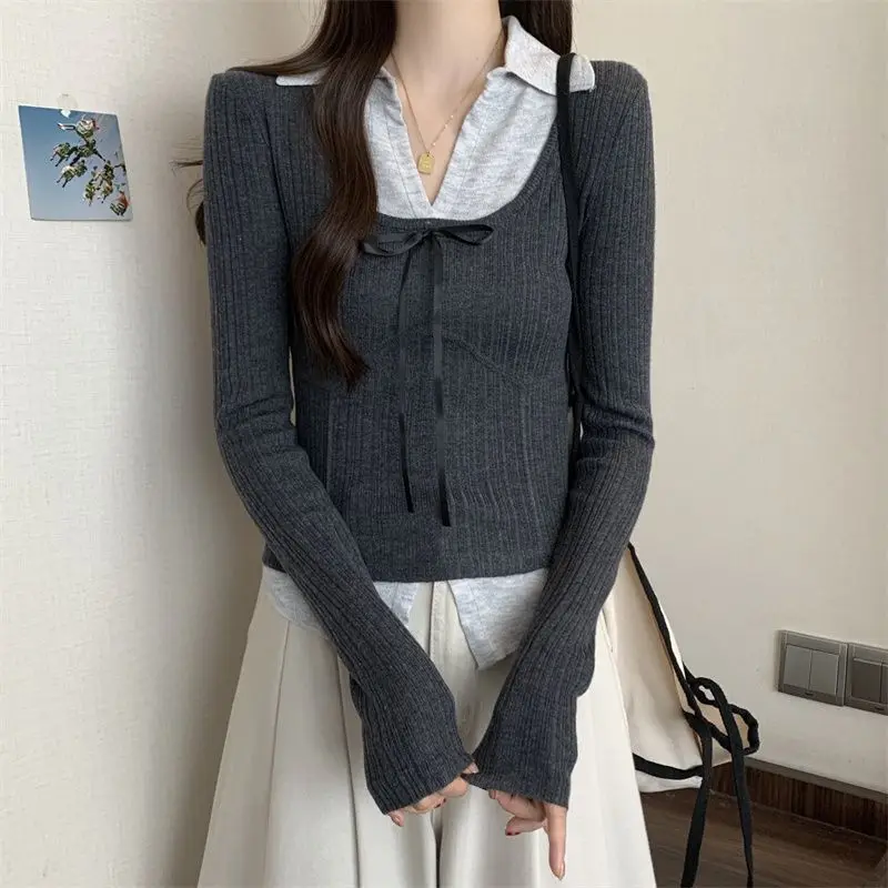 

Large Size Women's Clothing Temperament POLO Collar Bow Contrasting Color Fake Two Pieces Short Base Knit Sweater Top XQ108