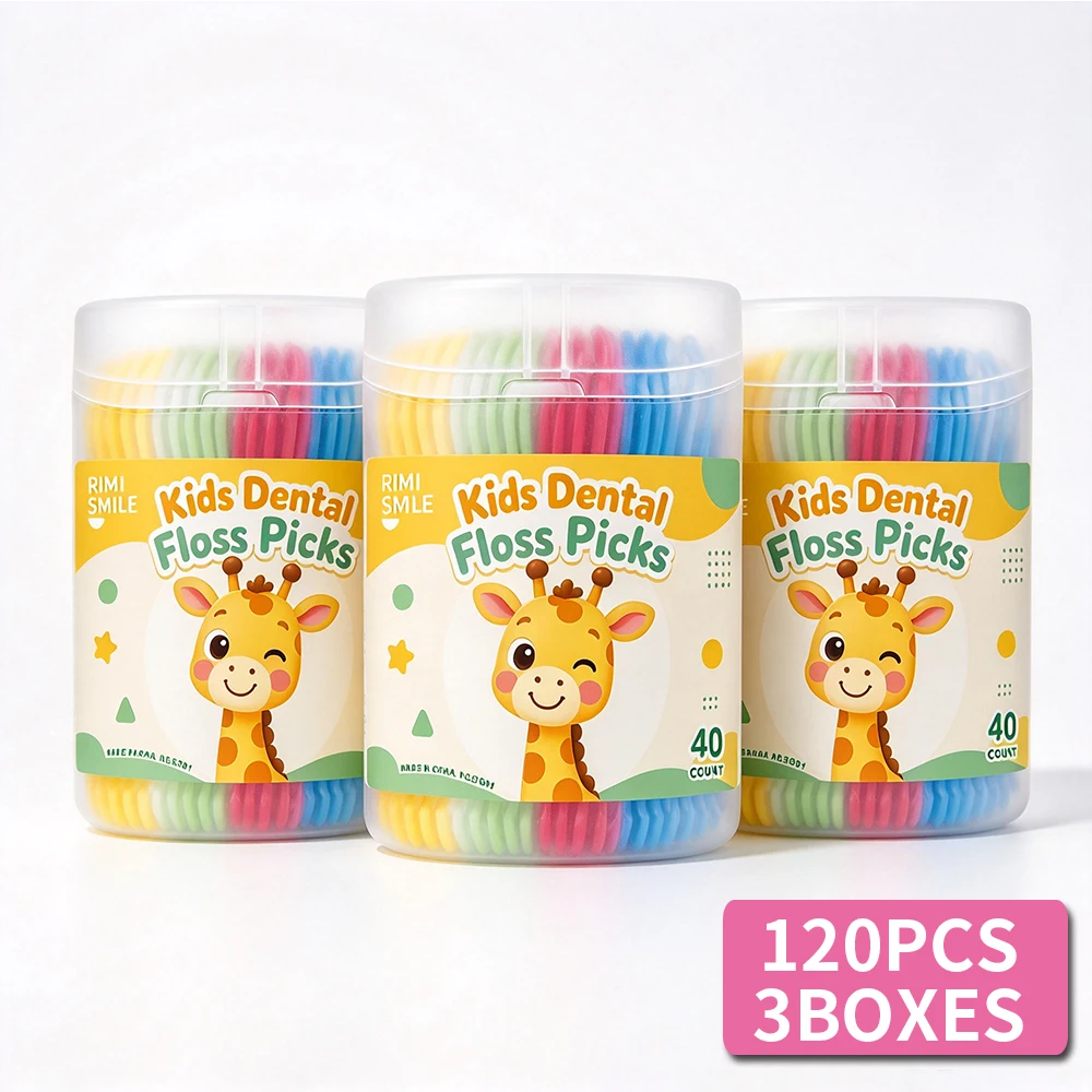 120PCS Cute Giraffe Kids Floss Picks, 40Pcs Disposable Children Dental Floss Sticks, Colorful Cartoon Design, Safe & Soft Floss