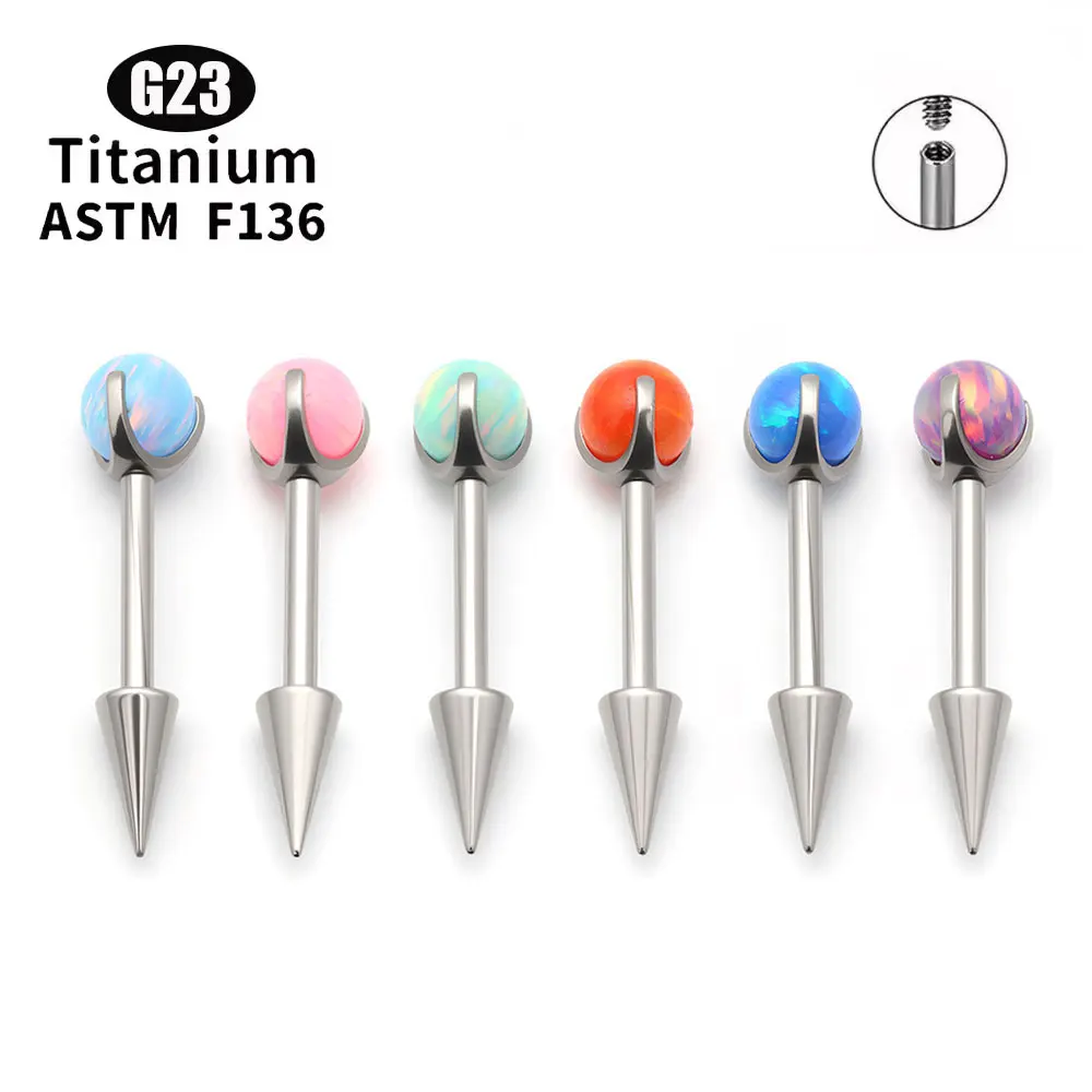 

Fashion Popular G23 Titanium Spike Stud Earrings With Opal Ball Double Removable Cone Design For Carilage Helix Piercing