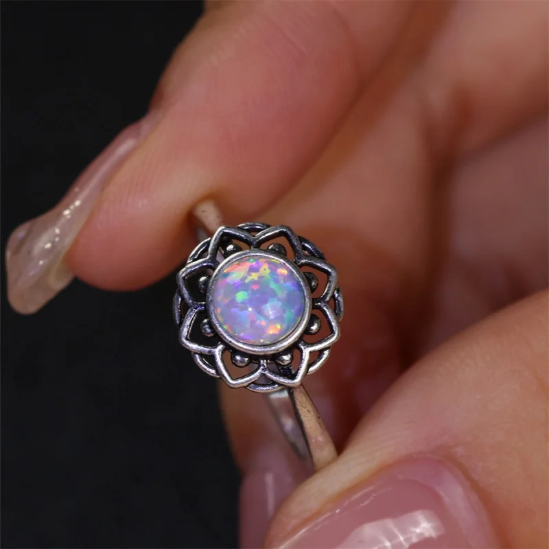 Fashionable Antique Silver Blackened Round White Australian Treasure Flower Ring with Elegant Design and Matching Accessories