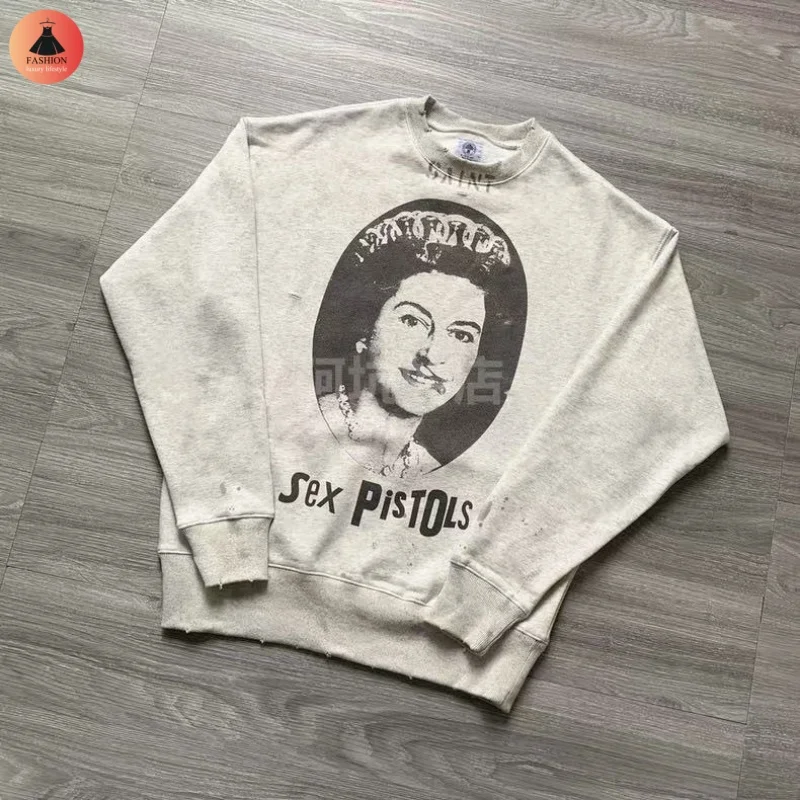 

Flower Grey Vintage SAINT New Washed Winter Sweatshirt High Quality 1:1 Thick Fabric Mens Womens Round Neck Pullover