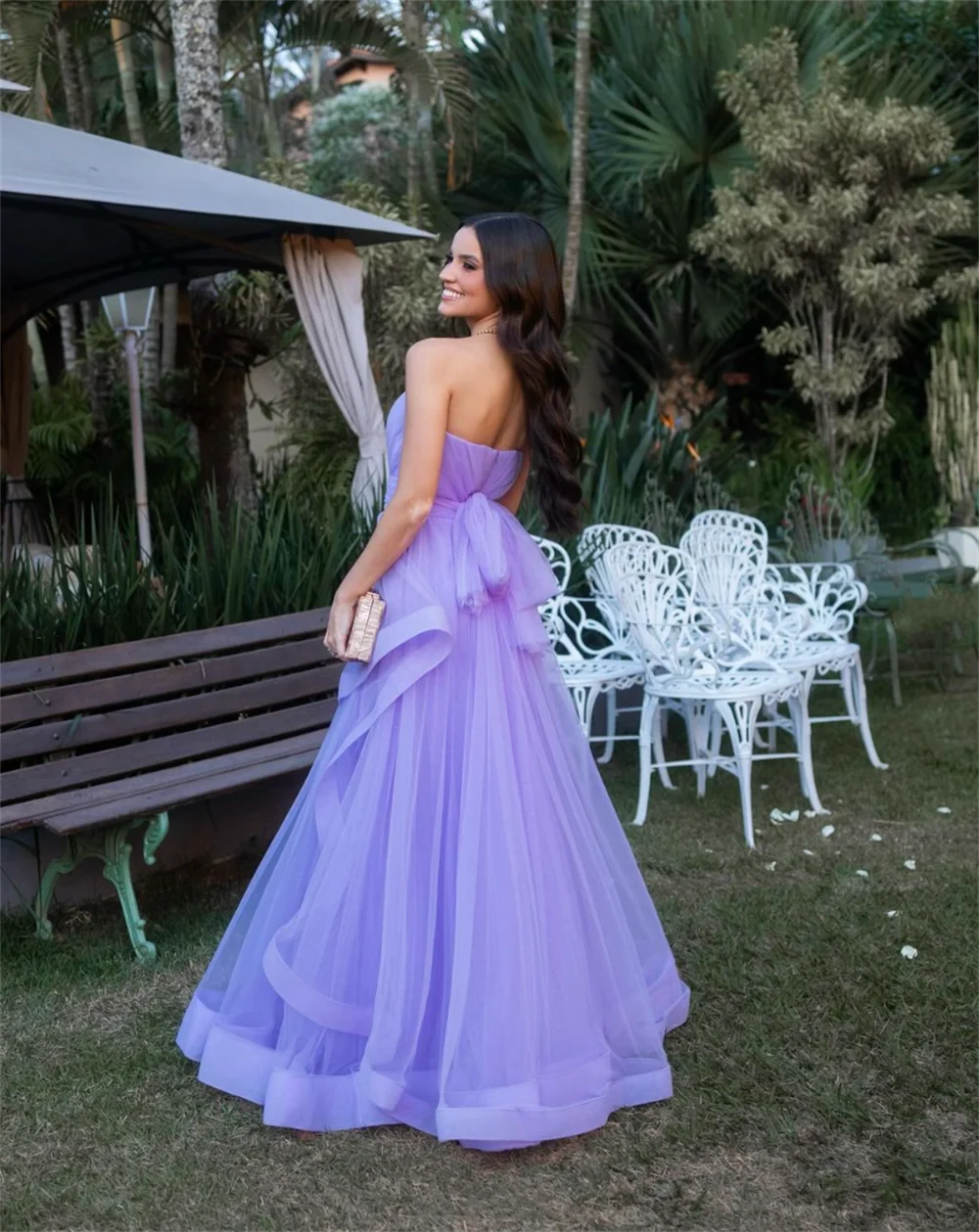 Jessica Elegant Lady Prom Dresses Purple Tulle A-Shape Evening Dresses Sexy Strapless Wedding Party Dress Robes De Soirée