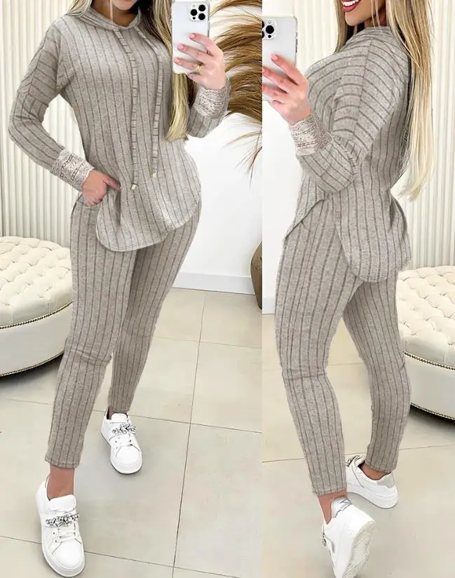 

Women's fashionable casual lace patch ribbed hooded top and pocket design pants set for autumn/winter 2025 new women's clothing