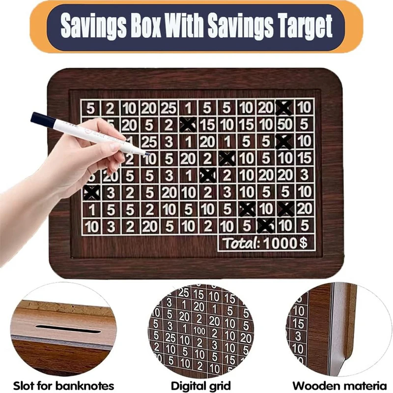 Wooden Money Box With Savings Goal And Numbers Reusable Money Storage Case For Adults Child Piggy Bank Crafts Money Saving Box