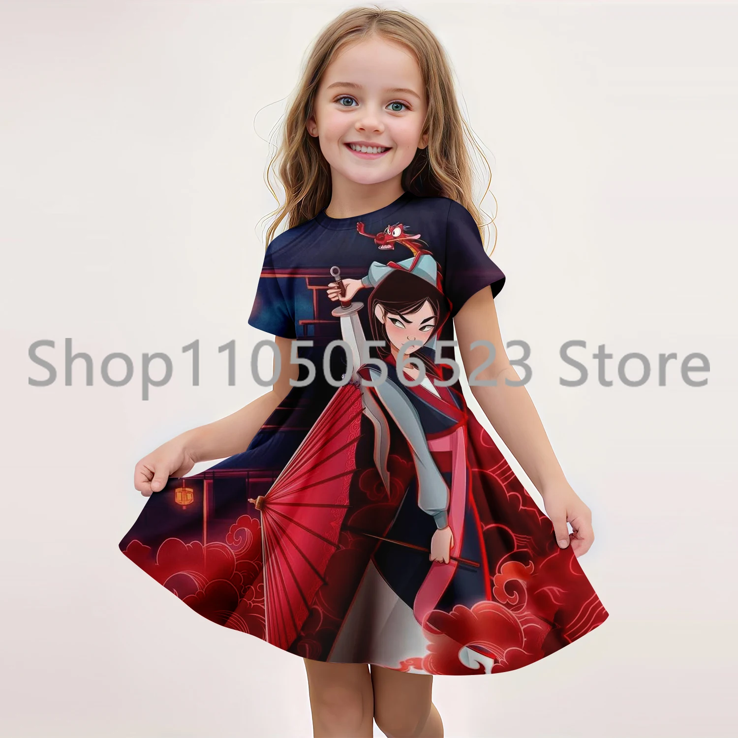 

2025 Summer New Children's Clothing 3D Printed Princess Mulan Cute Short-Sleeved Dress 7-13 Years Kids Performance Clothing