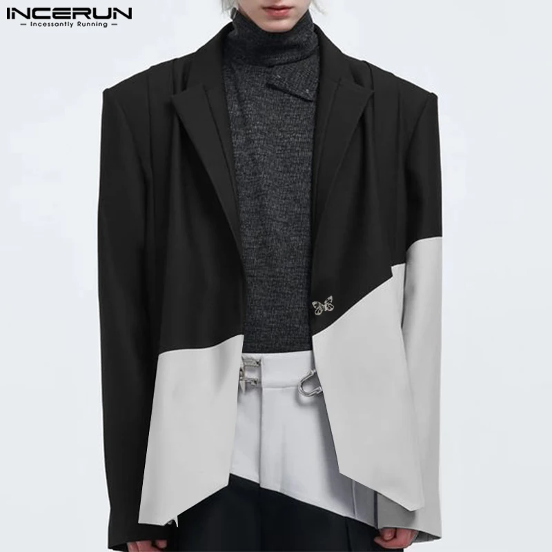2026 Men Blazer Casual Color-block Elegant Lapel Collar Coats INCERUN Men Long Sleeve Simple Handsome Fashion Loose Men's Suit