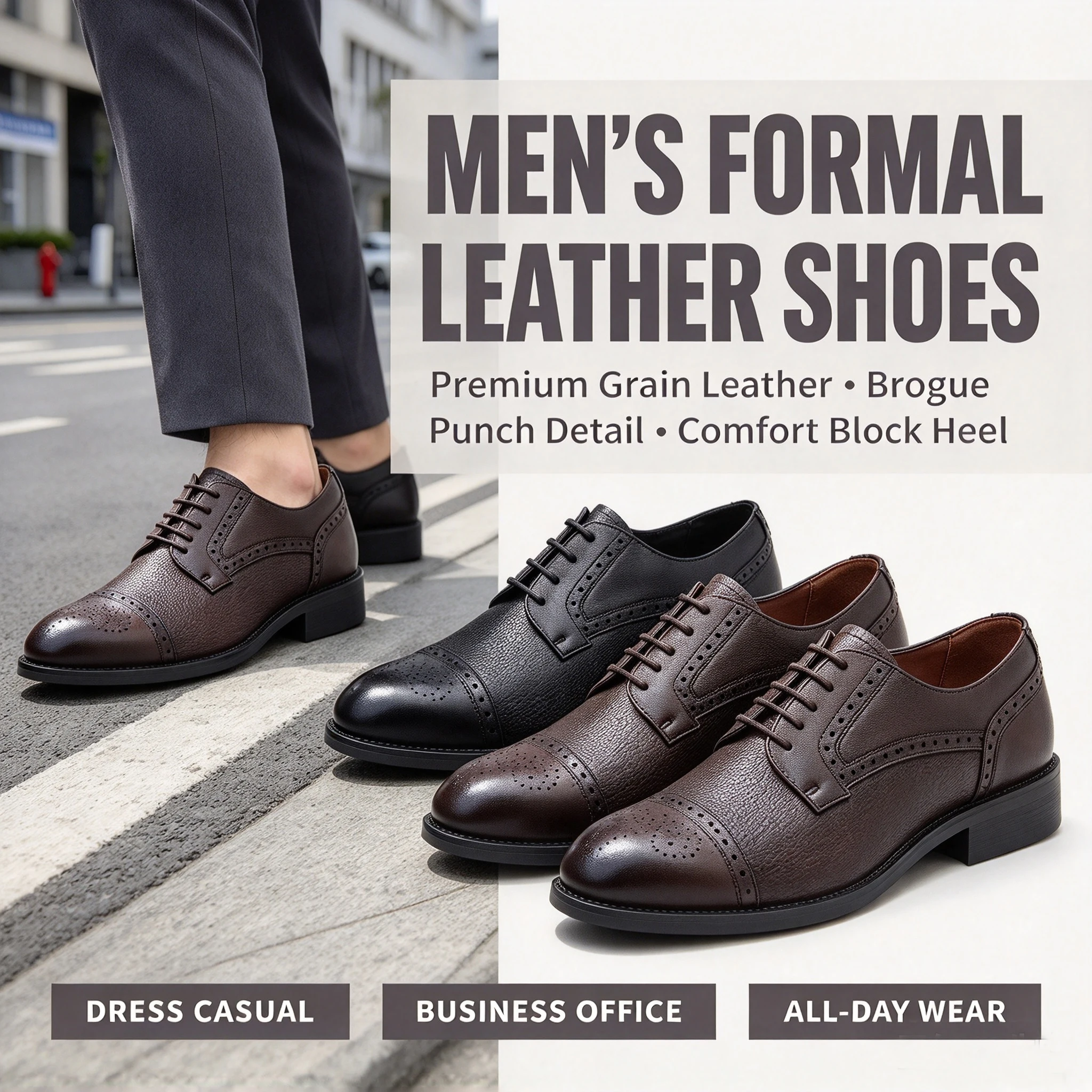 Men's Business Dress Shoes, Three‑Cap Toe Brogue Carved Design, Round Toe Leather Shoes for Workplace & Banquet Occasions