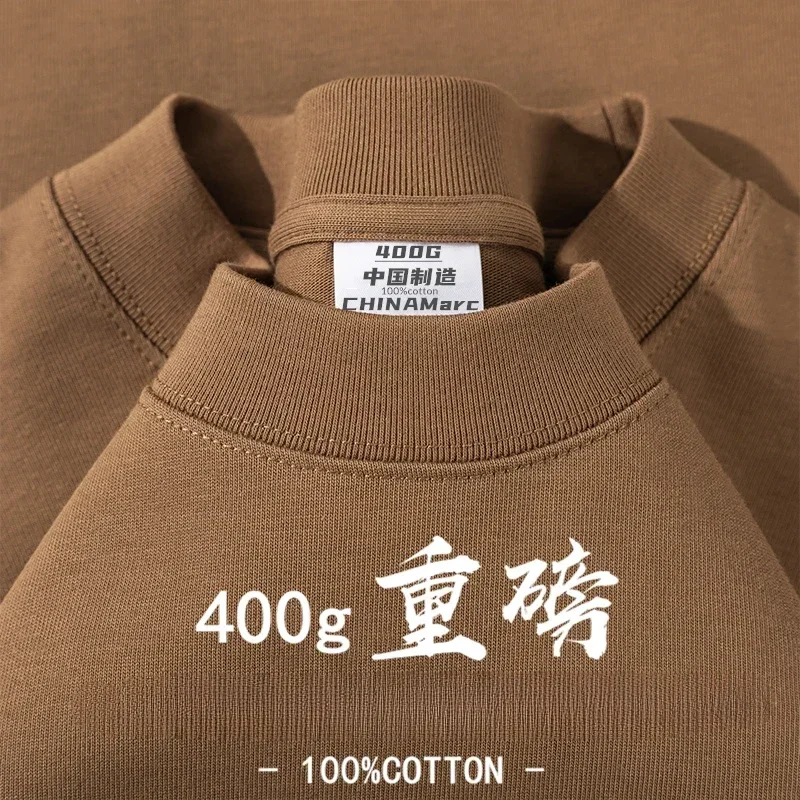 400G Heavy Small Neckline Pure Cotton Short-sleeved T-shirt Men's Summer Pure White Thick American Half-sleeved Bottoming Shirt image 3