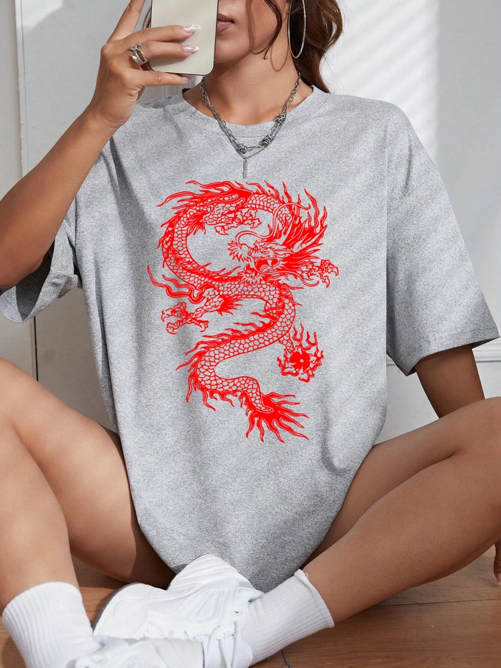 Creative Red Dragon Art Prints Women T-Shirt Summer Casual T Shirts Street Hip Hop Short Sleeve Breathable  Comfortable T Shirt