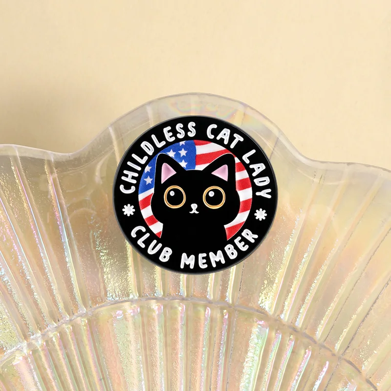 Cartoon Black Cat Brooch Pins Creative Childless Cat Lady Club Member Enamel Lapel Pin Corsage Accessory Collar Bag Ornament Gif