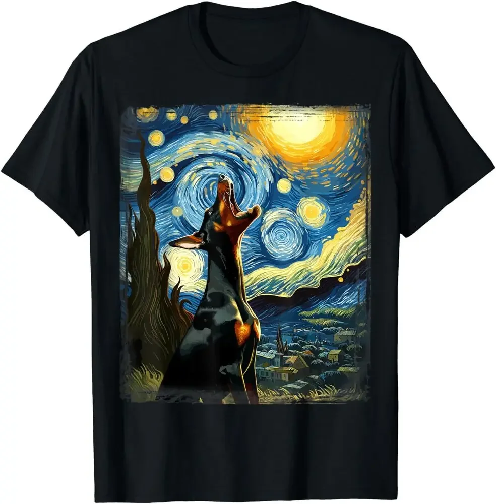 Doberman manga curta camiseta, noite estrelada Art Van Ggh, 100% algodão, alta qualidade