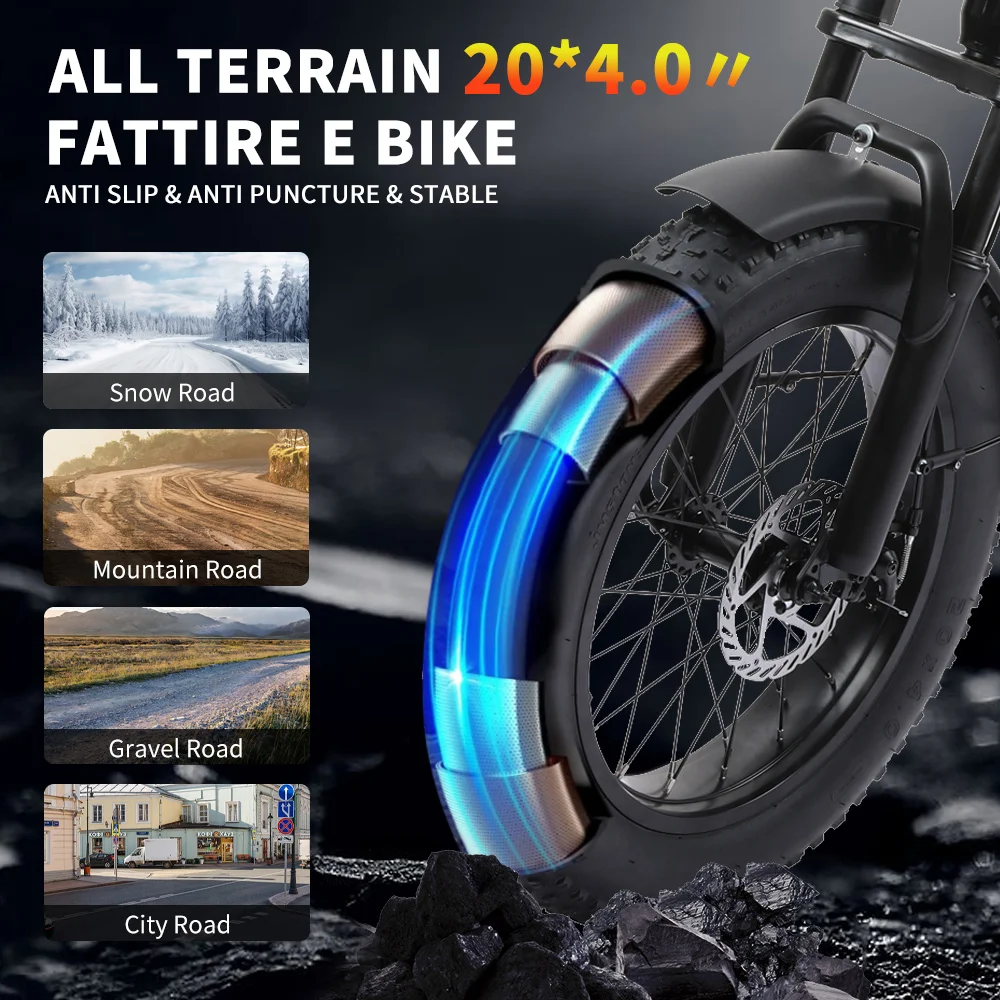 20‘’*4.0 Fat Snow Tire Electric Bicycles For Adults With Seat Motor 500W 34Miles Ebike 440lb Load Capacity Electric Motorcycle