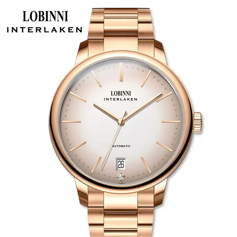 LOBINNI, reloj mecánico automático de oro rosa para mujer, cristal de zafiro, reloj con movimiento Miyota 9015, relojes ultrafinos de 8,5 MM para mujer