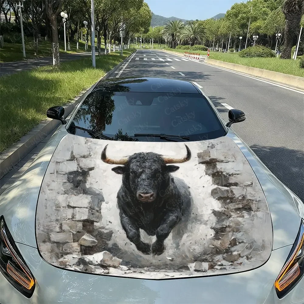 The Black Bull That Broke Through The Blockade Car Vinyl Wrap, PVC Material Waterproof Car Hood Sticker