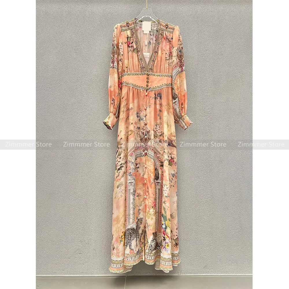 Australian niche noblewoman floral print V-neck long-sleeved high-waisted silk dress long