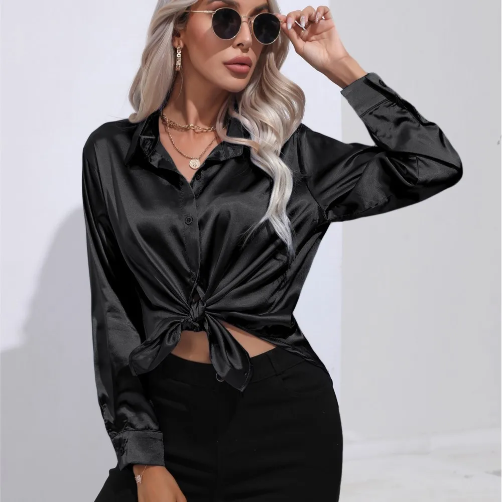 Women\'s Autumn Blouse 2024 Satin Long Sleeved Shirt With New Collar And Long Sleeved Cardigan Shirts Elegant OL Clothing Blusas