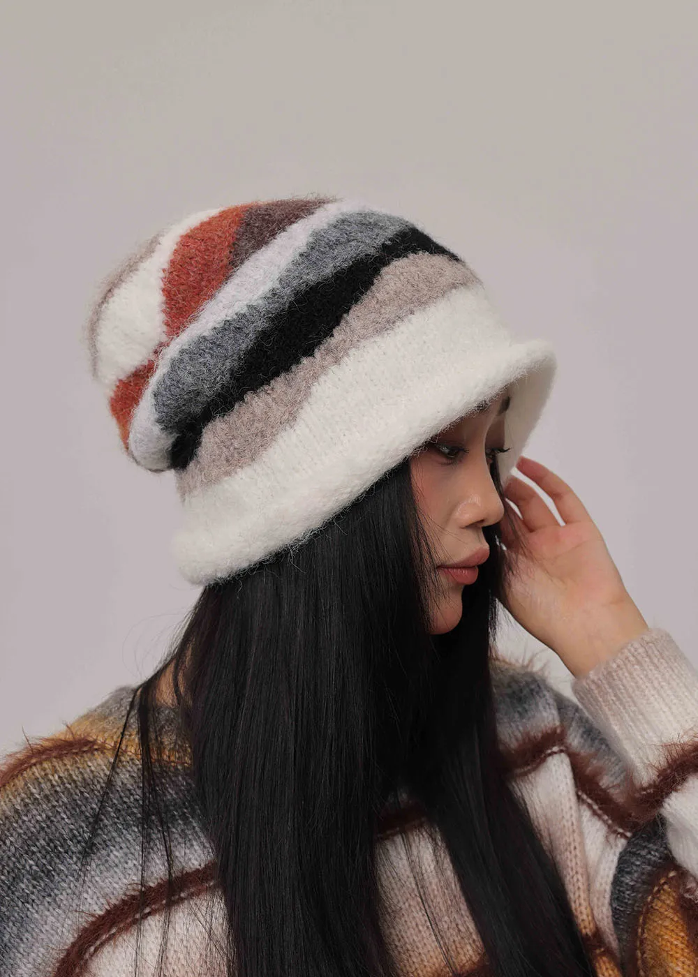 2024 New Mink Velvet Hoody Hat Strap Beanie Hat Women Autumn Winter Warm Knitted Hat Rainbow Colored Stripe Pullover Hat Hoodies