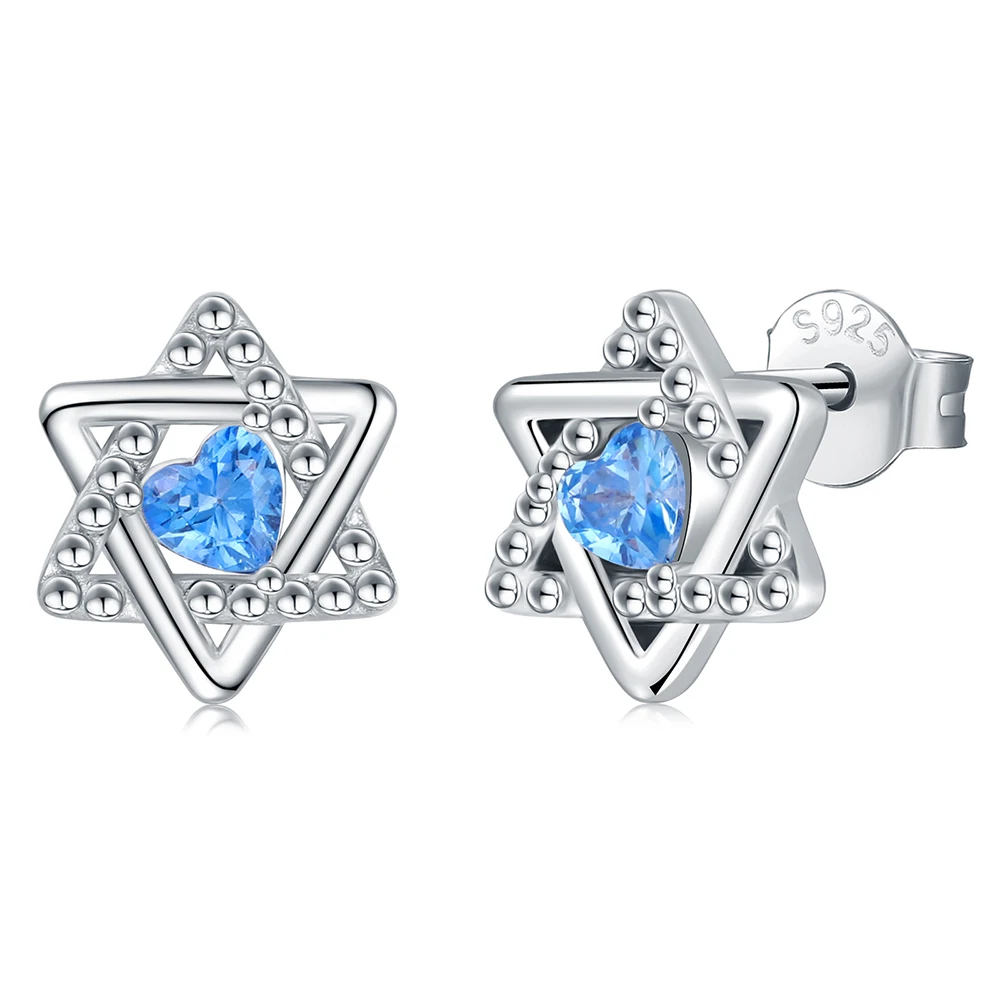 

925 Sterling Silver Star Of David Stud Earrings With Blue Heart Zircon Birthday Christmas Jewelry Gifts For Women Girls Friends