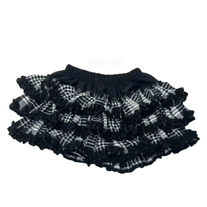 Vintage Plaid Patchwork High-waist Skirt Women's Hot Girl Y2k Lace Loose Cake Skirt Female Hepburn Preppy Style A-line Skirt