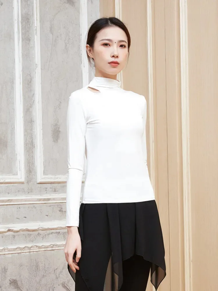 Solid Color High Neck Hollow Out Long Sleeve Dance Top, Slim Fit Ballet Practice Shirt for Women Stage Performance Adults