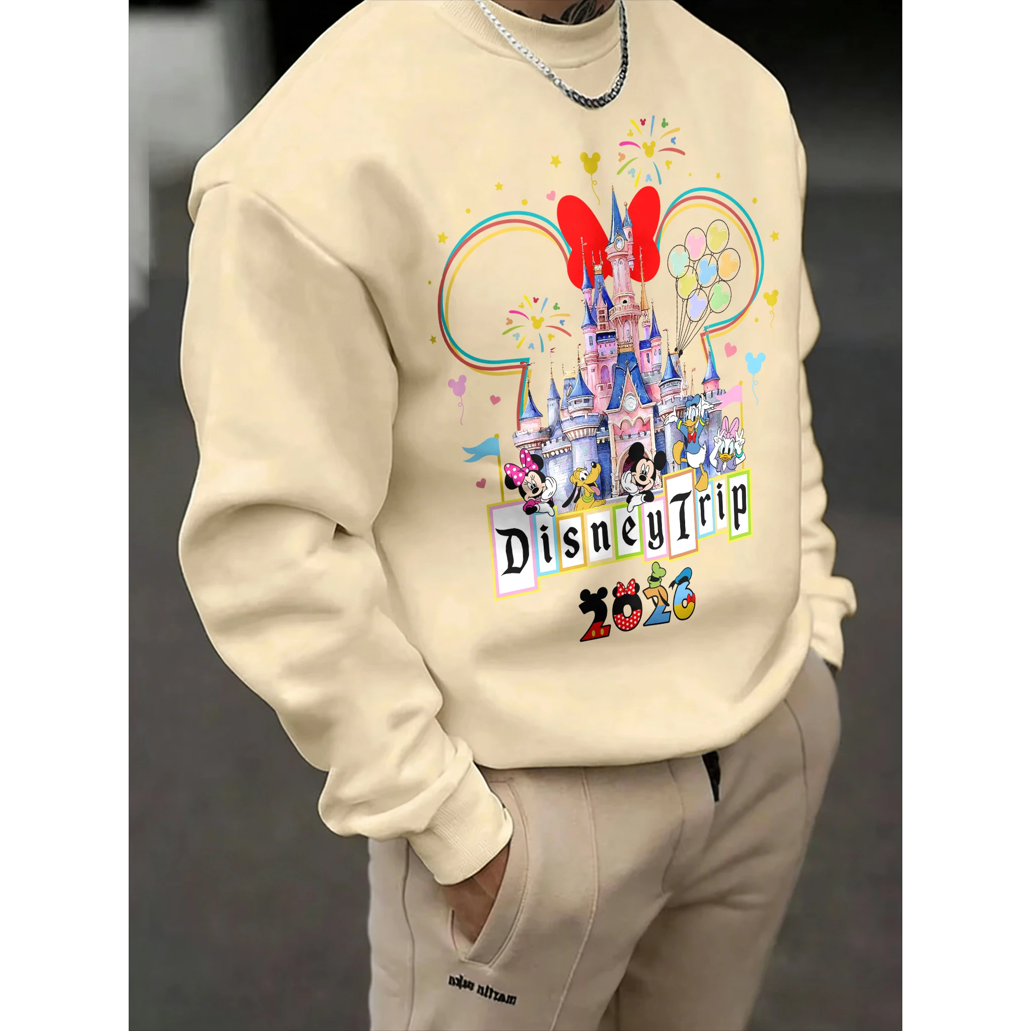 

Мужской свитер с круглым вырезом и принтом «Диснейленд», осень-зима 2026, модный, с начесом, из хлопка, теплый, свободный, повседневный