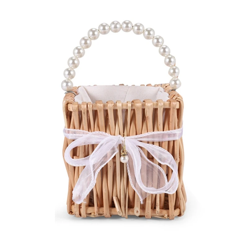 Woven Storage Basket Handle And Ribbon,Wedding Flower Girl Baskets Wicker Rattan Flower Basket For Home Garden Decor 15 X 15Cm