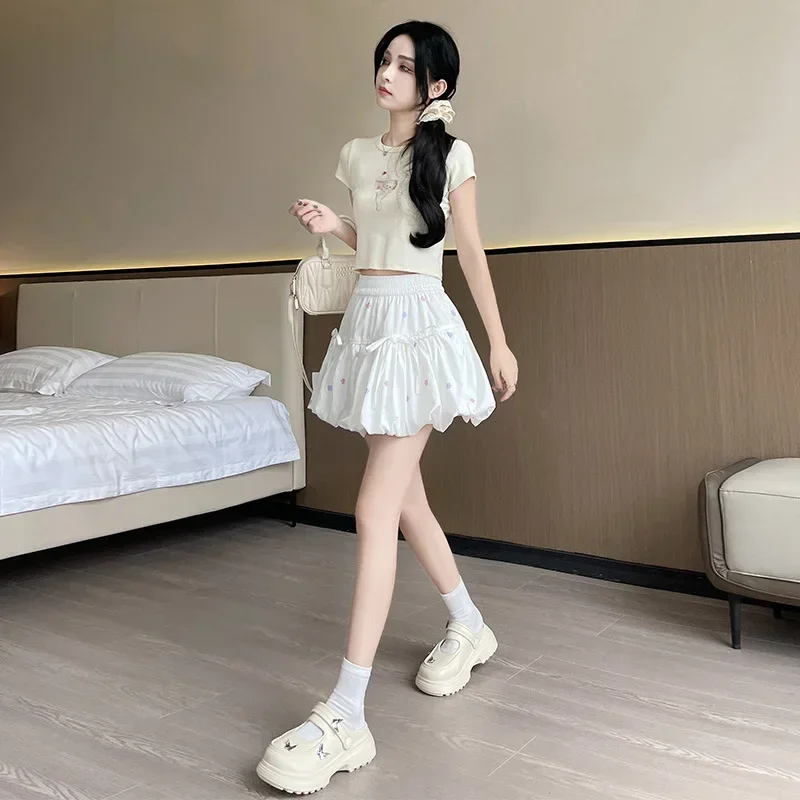 Ballet Style White Floral Luxuey Skirt Women's Summer Elastic High Waist Casual Slim Skirt Kawaii Skirt