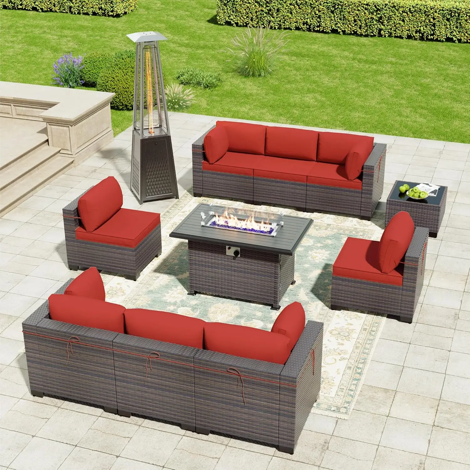 Outdoor Patio Furniture Set with Gas Propane Fire Pit Table,PE Wicker Rattan Sectional Sofa Patio Conversation Sets with Heater