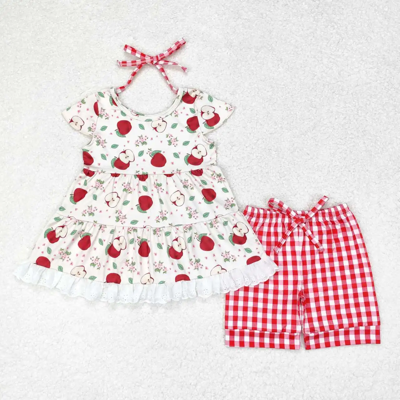 

RTS Baby Girls Toddler Wholesale Red Back To School Lace Ruffle Tunic Top Checkered Shorts Boutique Outfits Clothes Sets