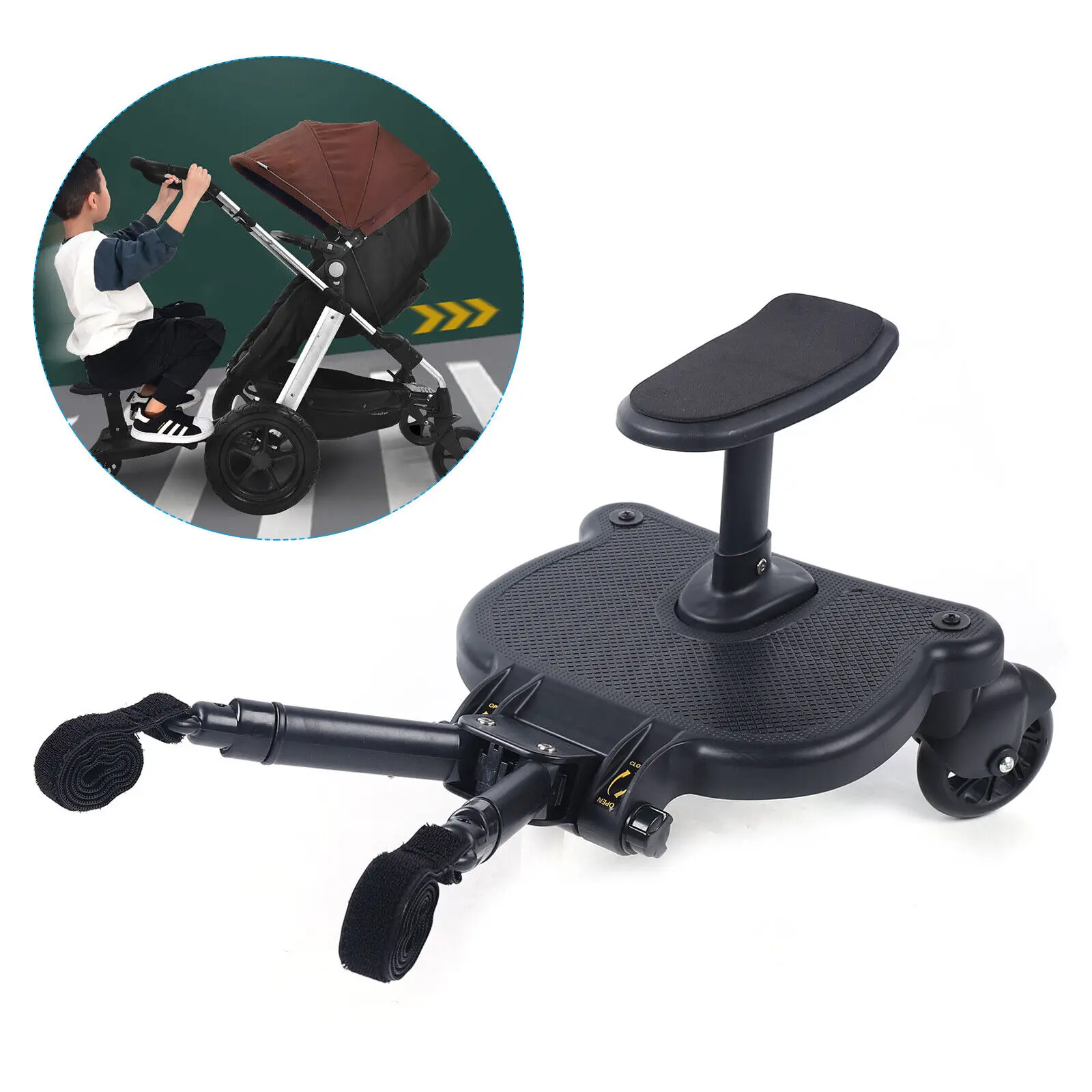 

2in1 Universal Stroller Board Sit and Stand Stroller Glider Board Pedal Adapter with Detachable Seat , Black Load 25kg