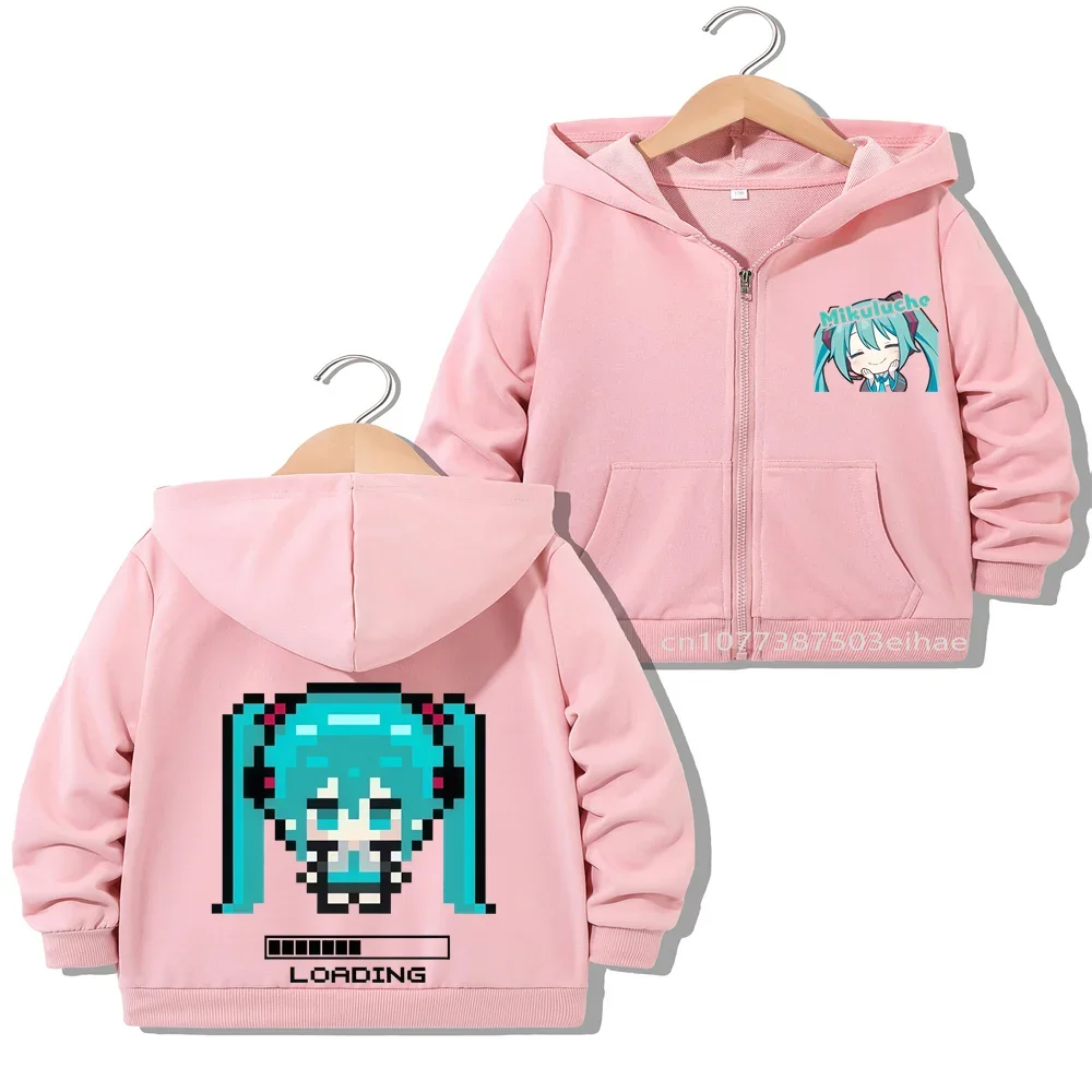 Cartoon Hatsune Miku Figure Print Girls Zipper Overcoat Kids Spring Fall Outerwear Cute Anime Theme Children Casual Jacket Tops
