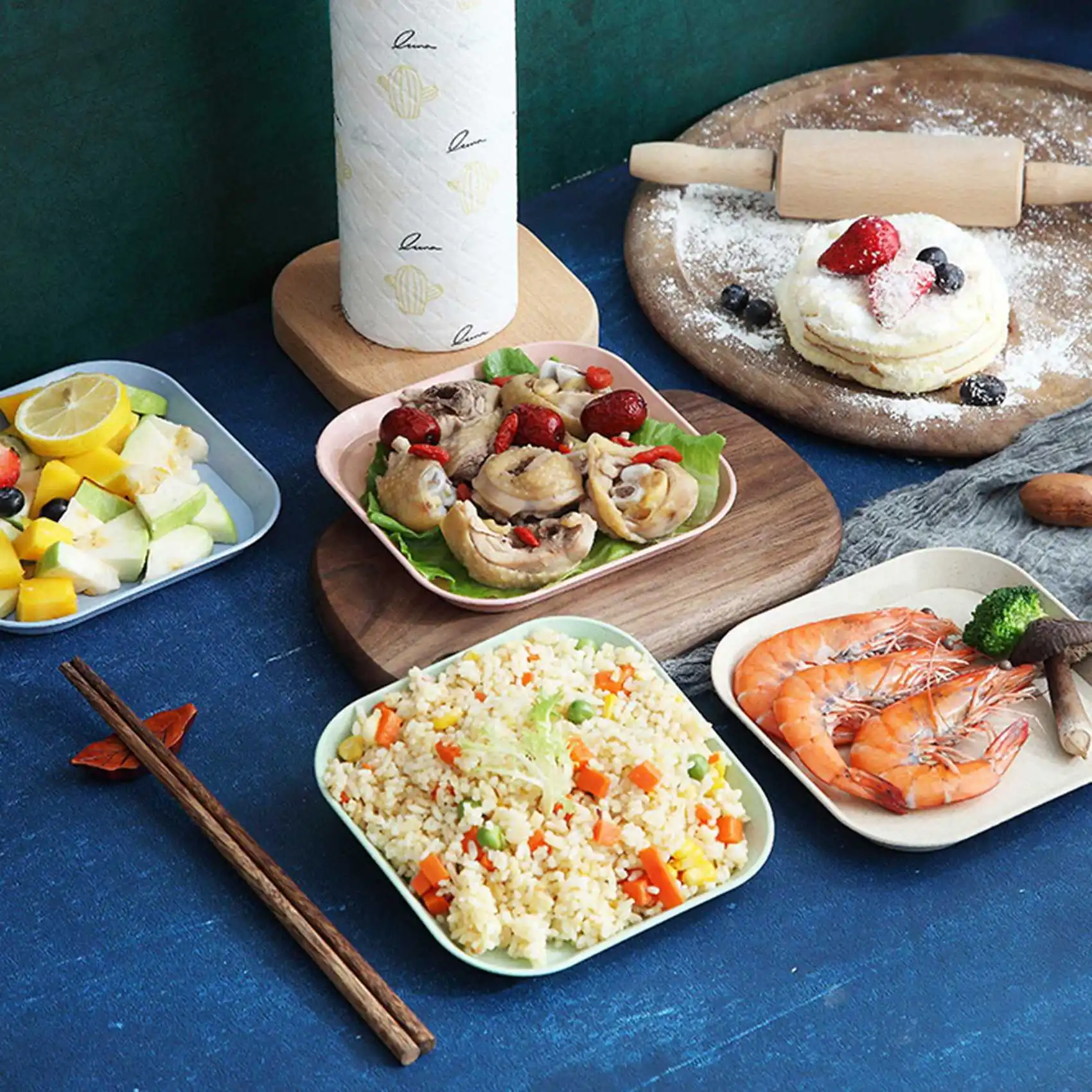 -A25M 4 قطع 15 سم أطباق مربعة من قش القمح خفيفة الوزن وغير قابلة للكسر أطباق أدوات مائدة صغيرة قابلة لإعادة الاستخدام أطباق مربعة