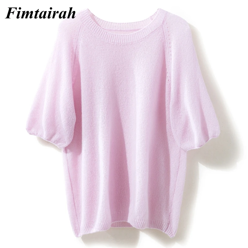 سترة نسائية من الكشمير ، بأكمام قصيرة ، تي شيرت فضفاض محبوك ، رقبة مستديرة ، بلوزة ، تي شيرت ، حرير التوت ، من Fimtairah