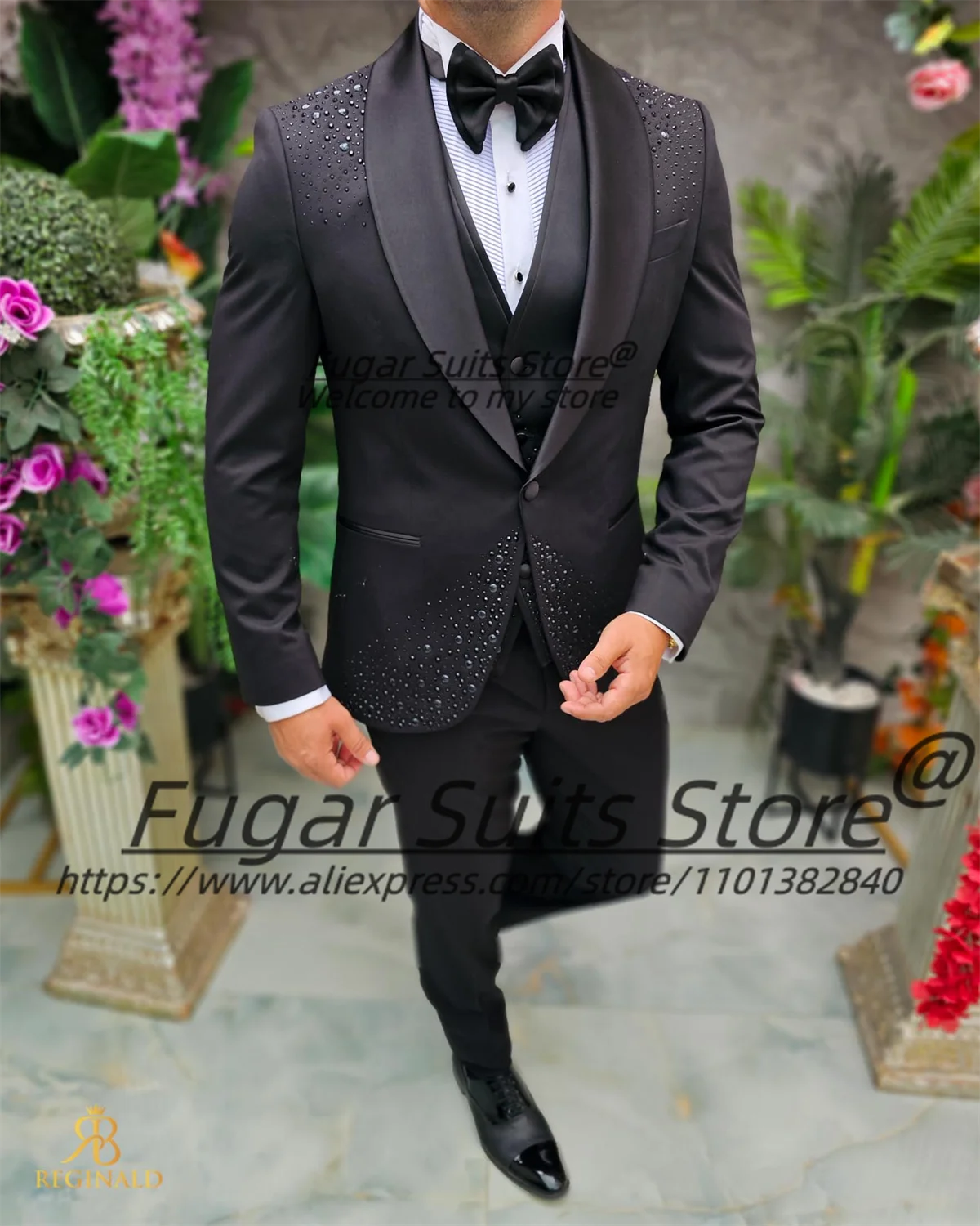 Black Luxuly Men Suits High-end Beadwork Groom Wedding Tuxedos Customized Slim Fit Shawl Lapel 3 Pcs Sets Classic Costume Homme