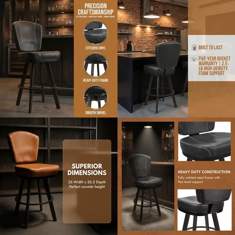 Modern Heavy Industrial Leather Bar Stools Commercial Pub Chairs Fully Welded Steel Frame Flex Back Support for Hotel