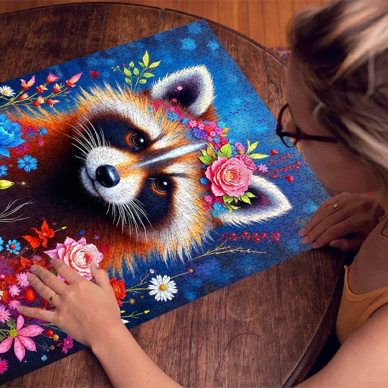 1000ピースの魅力的なアライグマと花柄のジグソーパズル - 大人向けの大きな鮮やかな紙製パズル、DIYの頭脳を刺激する家族ゲーム、S