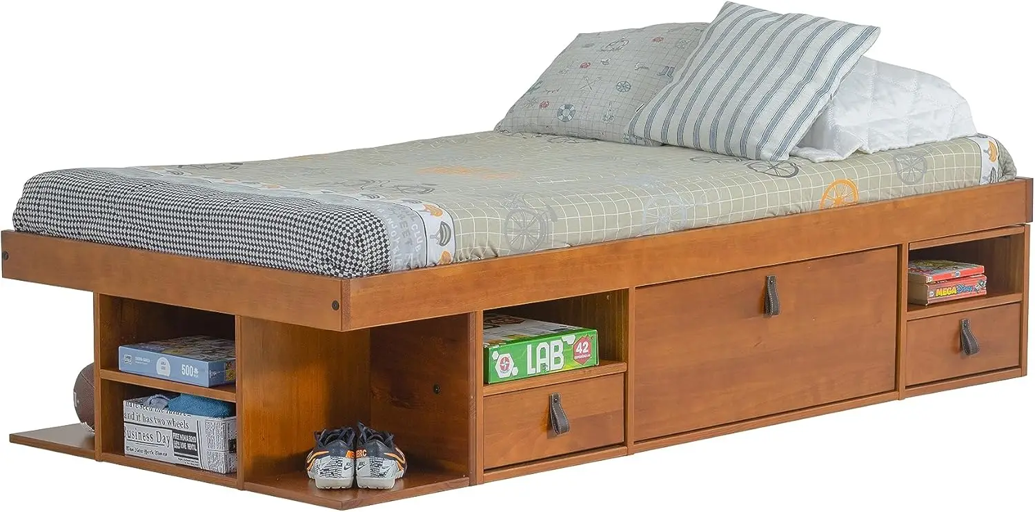 Bali Storage Platform Bed with Drawers (Twin Size, Oak Brown Wood)