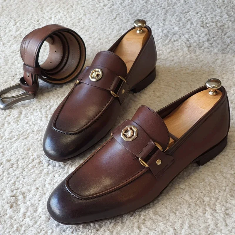 Mocasines marrones para Hombre, Zapatos De Vestir sin cordones con punta cuadrada, negocios, talla 38-48