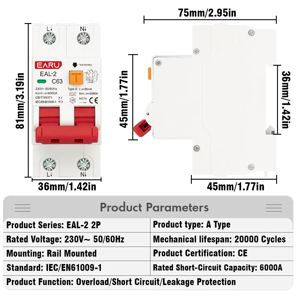 AC 2P 230V 4P 400V A Type RCBO RCCB MCB Electronic Residual Current Circuit Breaker Over Short Current 30mA Leakage Protection