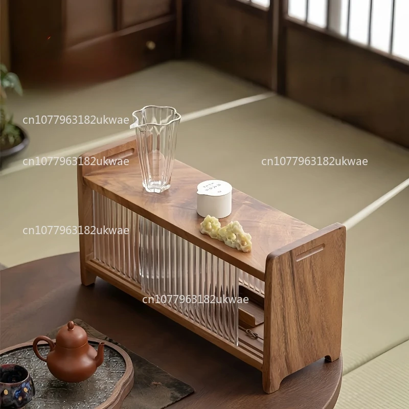 

Walnut Wood Desktop Tea Cup Rack Tea Set with Sliding Door Storage Rack Solid Wood Small Organizer Desktop Curio Rack