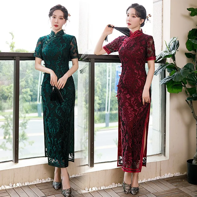 Plus Size Traditional Chinese Female Long Qipao Sexy Velvet Hollow Out Party Cheongsam Dress Elegant Vestidos Oriental Costume