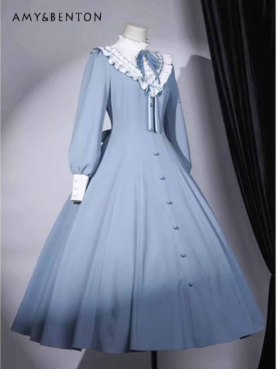 

Elegant Pastoral Style Lolita Long Dress Vintage Lantern Sleeve Stand Collar Ruffle Patchwork High Waist Slim OP Dress Women